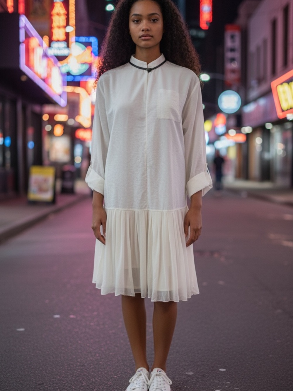 Brunello Cucinelli White Long-Sleeve Pleated-Hem Shirt Dress